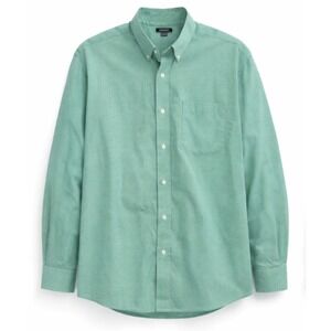 Lands End Mens 17.5 33 Green Gingham No Iron Pinpoint Oxford Shirt